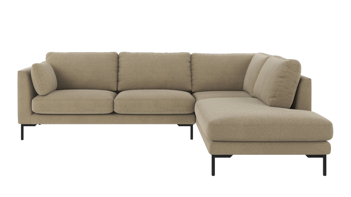 Corwin hörnsoffa 2,5+2,5-sits med öppet avslut höger från Rowico Home i tyget Rita #109 mörkbeige