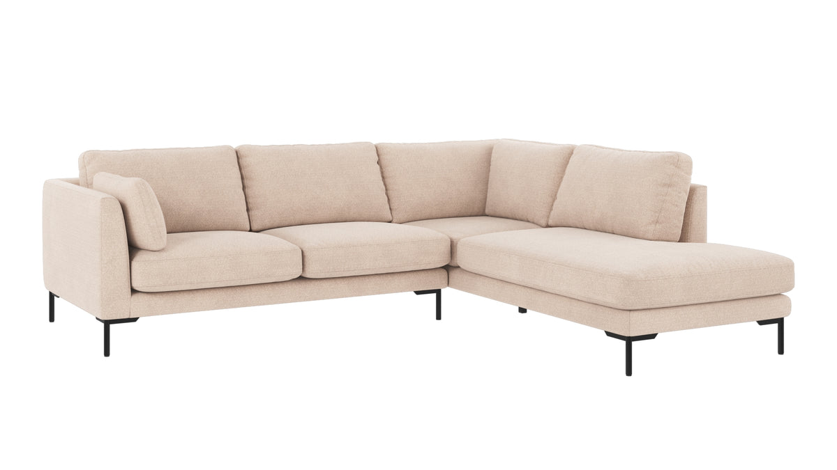 Corwin hörnsoffa 2,5+2,5-sits med öppet avslut höger från Rowico Home i tyget Rita #1 ljusbeige, annan vinkel