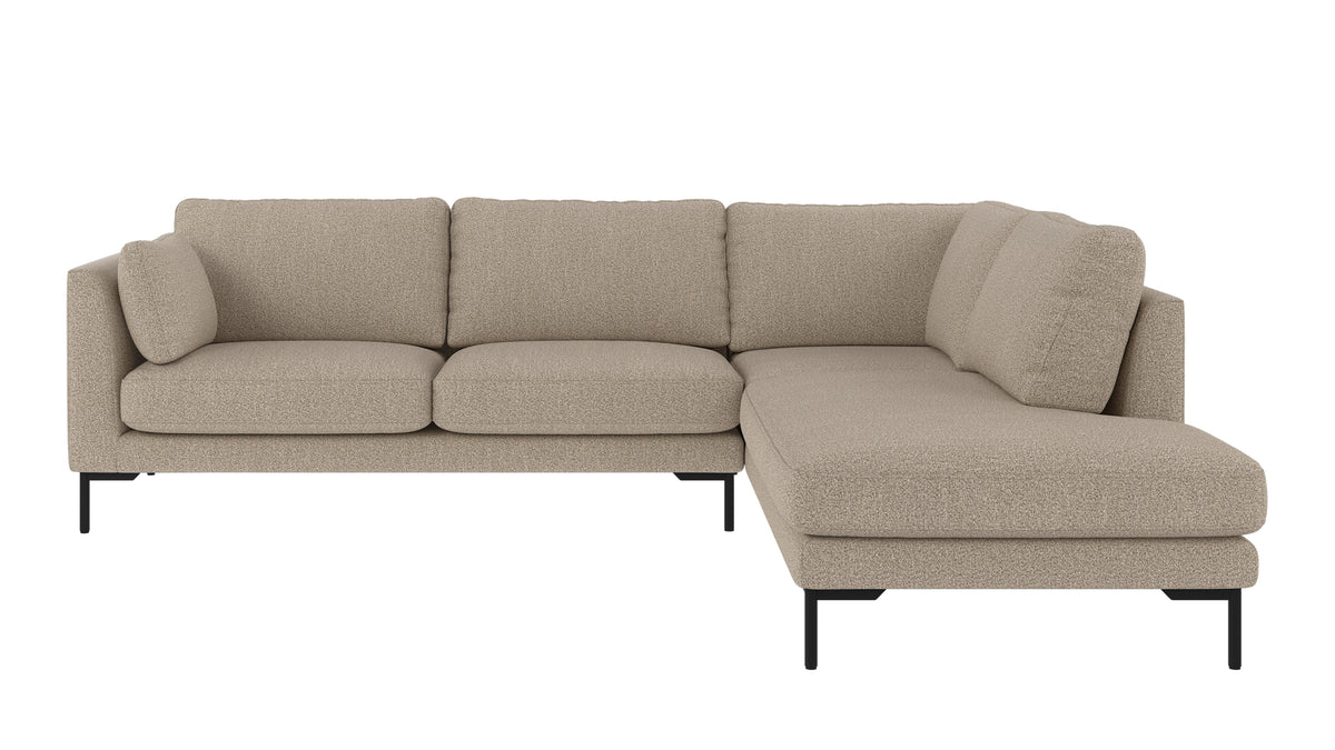 Corwin hörnsoffa 2,5+2,5-sits med öppet avslut höger från Rowico Home i tyget Sandra #904 mörkbeige